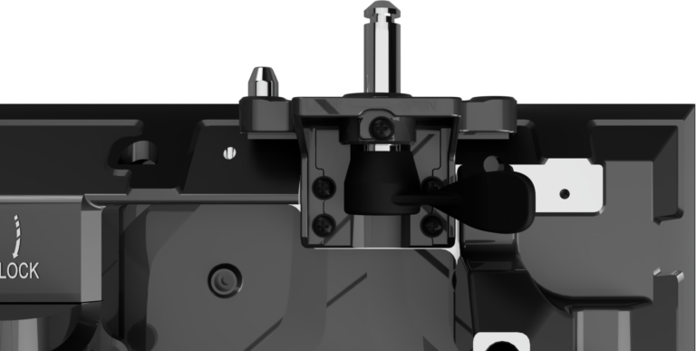 Toolless locking system between two Helium 2 cabinets