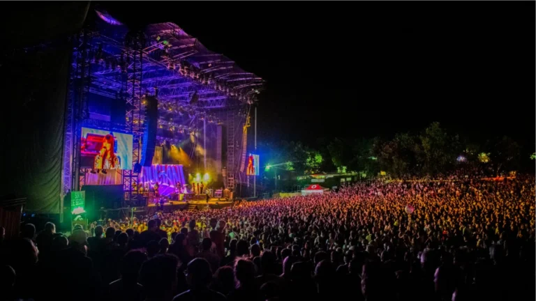 LED screen Aluna Festival – Festival stage at night, side LED screen relaying the artist to a dense crowd