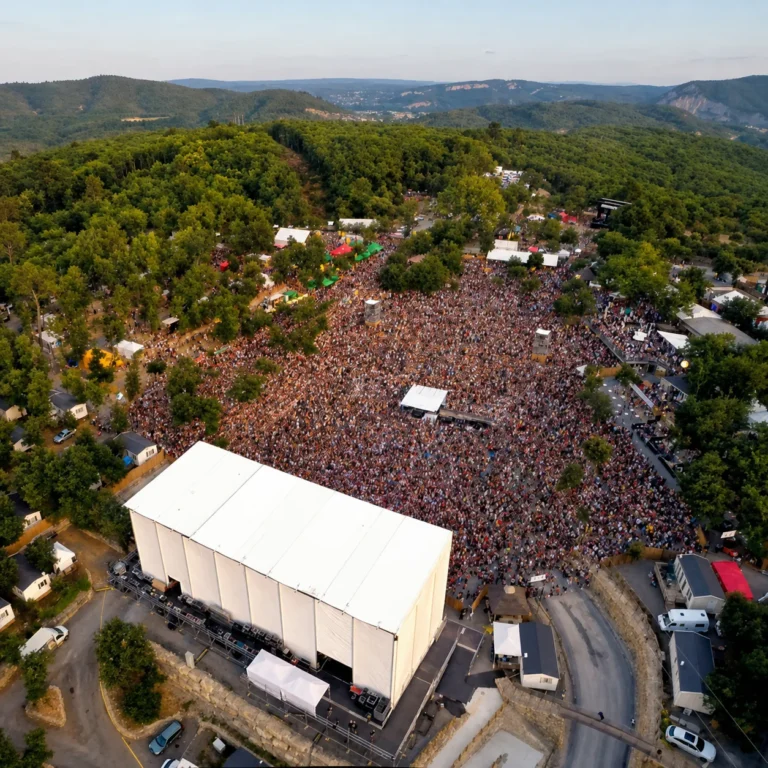 Aerial view of the festival site, crowd massed in front of the stage, wooded hills beyond