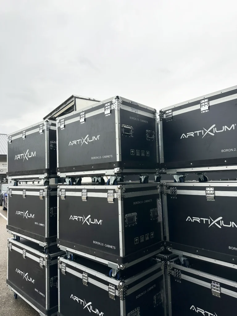 Stack of Artixium flight cases stored outdoors (LED screen logistics)