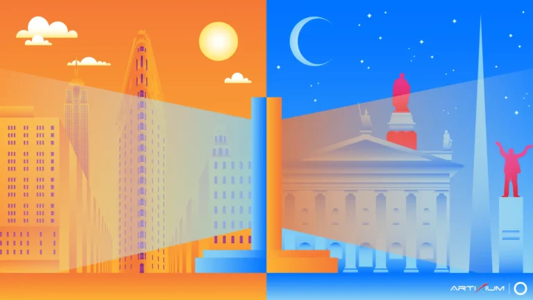 Illustration graphique réunissant deux silhouettes urbaines, l'une en orange de jour, l'autre en bleu nocturne