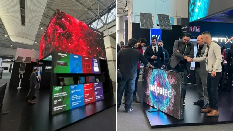 Écran LED rouge surplombant le mur produits, et poignée de main près d'une dalle Neipatec