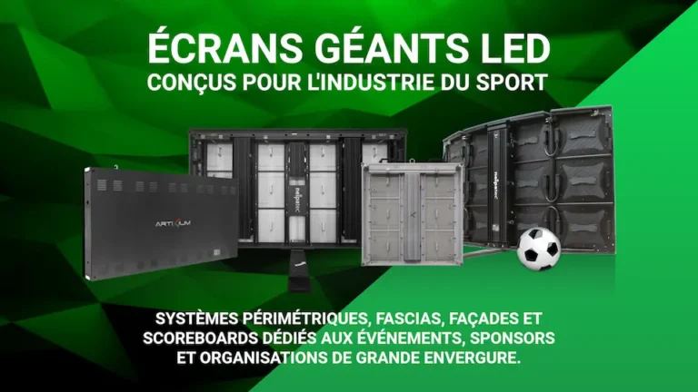 Visuel promotionnel vert présentant plusieurs dalles LED pour le sport autour d'un ballon de football