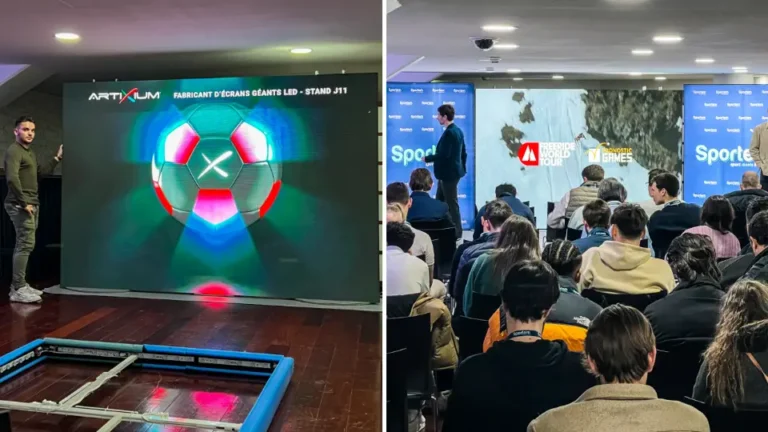 Mur d'images LED affichant un ballon de football coloré et public assis lors d'une conférence