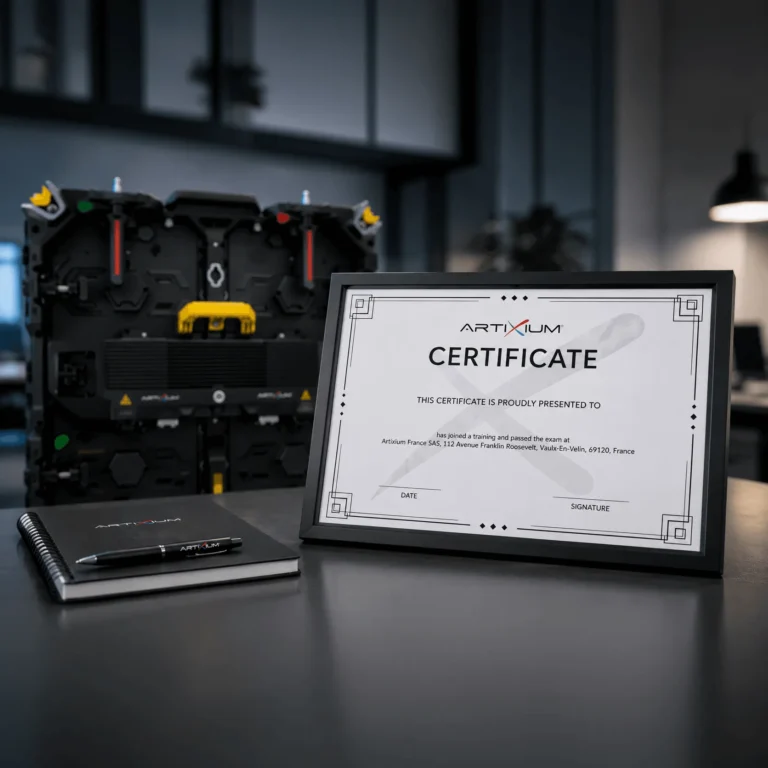 Artixium training certificate on a desk beside an open LED cabinet