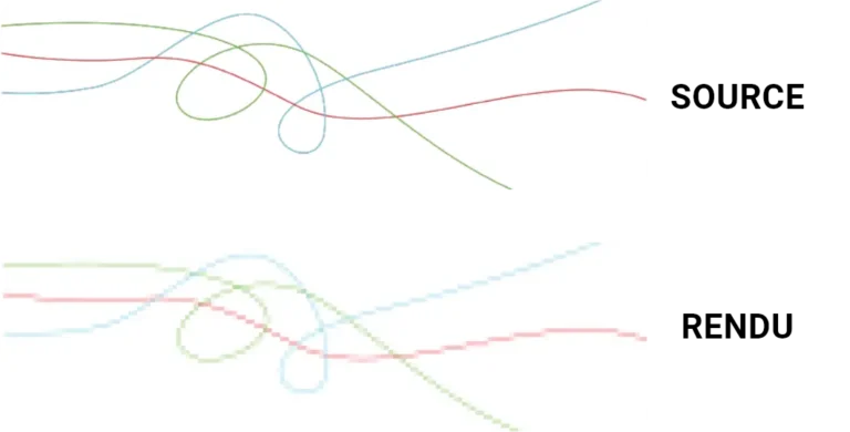 Thin red, green and blue curves crisp in the source and jagged in the LED rendering