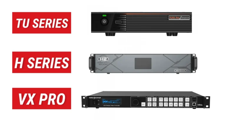 Visuel produit présentant trois processeurs vidéo LED étiquetés TU Series, H Series et VX Pro