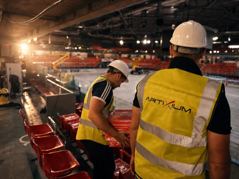Two Artixium technicians preparing LED modules in the stands of an ice rink