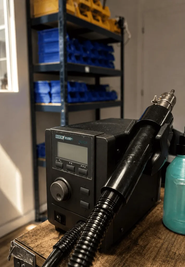 Hot-air rework station and component bins in the repair lab
