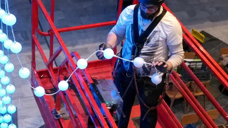 Harnessed technician on a lift handling a string of LED spheres during installation