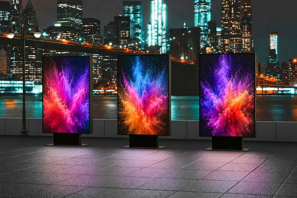 Free-standing outdoor LED displays at night