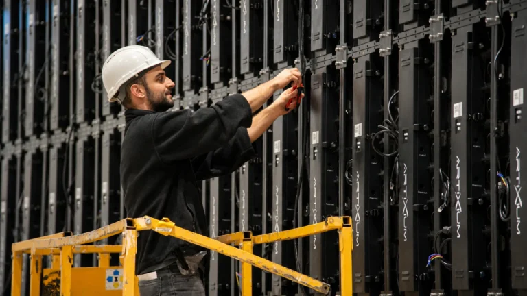 Services écran LED : technicien qui fixe des dalles LED depuis une plateforme élévatrice