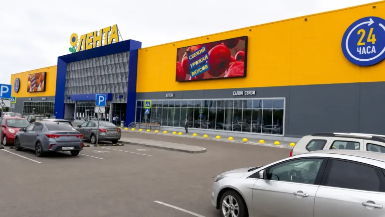 LED screen hypermarket – Outdoor LED display on the yellow Lenta hypermarket facade, cars filling the car park