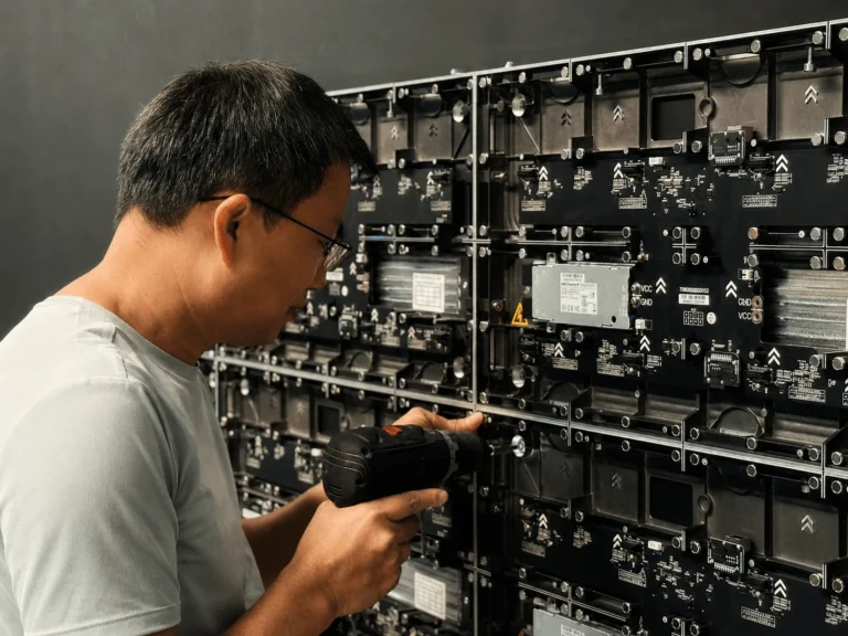 Technician removing an LED module from the back of a wall of open cabinets