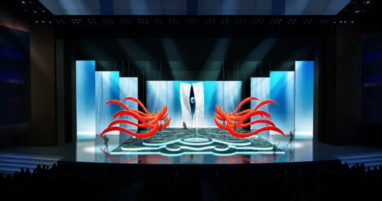 Rendu 3D de scénographie : panneaux LED bleus, sol lumineux et sculptures rouges face au public