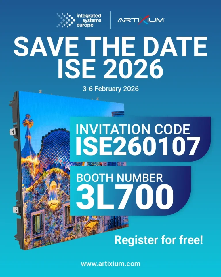 ISE 2026 booth: Save the Date poster with an LED panel showing a colourful façade