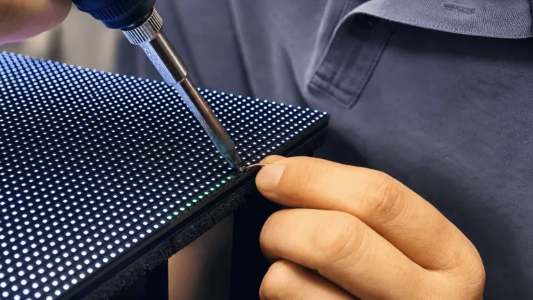Close-up of an LED module being removed with a screwdriver