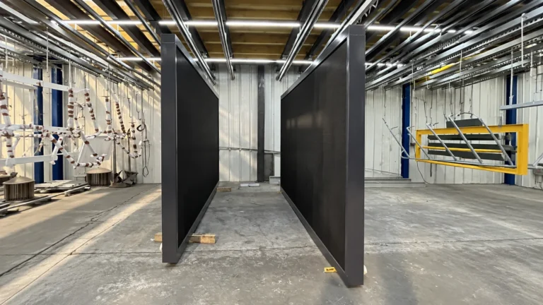 Two COBALT LED screen structures assembled in the workshop, rear view before installation