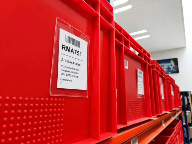 Bacs de retour SAV étiquetés par numéro de RMA, sur rayonnage