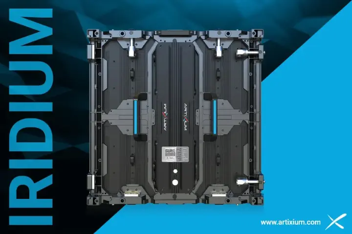 NYC-Dublin Portal: rear of an Iridium LED cabinet on a blue and black background