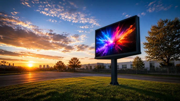 Écran LED extérieur sur unipole au coucher du soleil