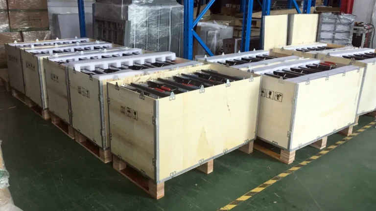 Wooden crates on pallets ready for shipment in a warehouse