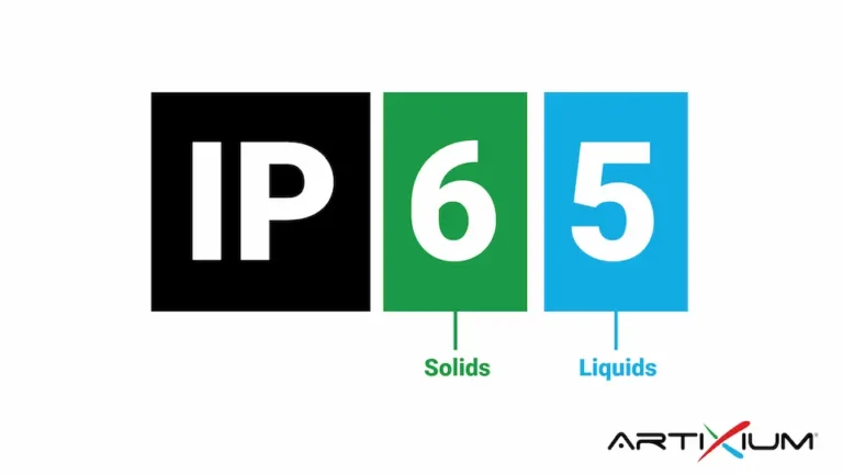 Indice IP65 expliqué : le premier chiffre (6) concerne les solides, le second (5) les liquides