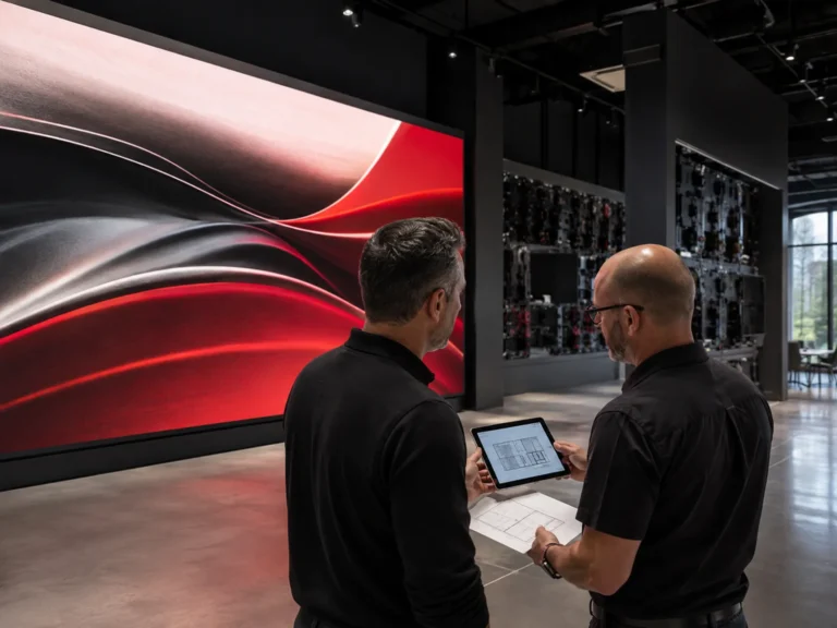 LED display distributor and Artixium partner reviewing a project plan on a tablet in front of an LED wall