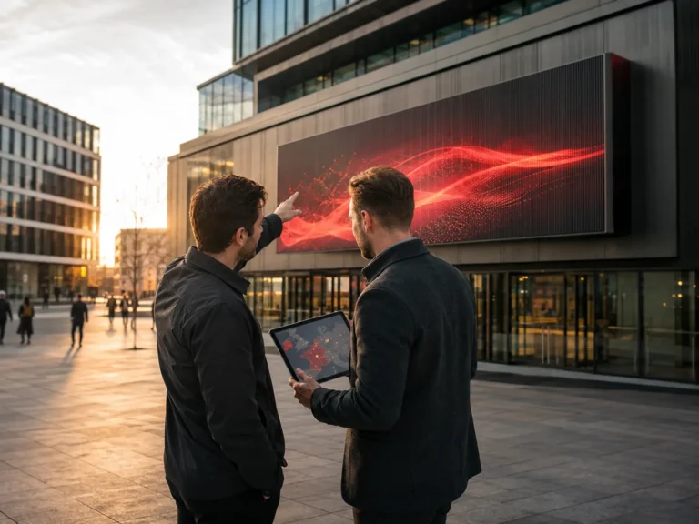 Two partners looking at a territory map on a tablet in front of an outdoor Artixium LED facade