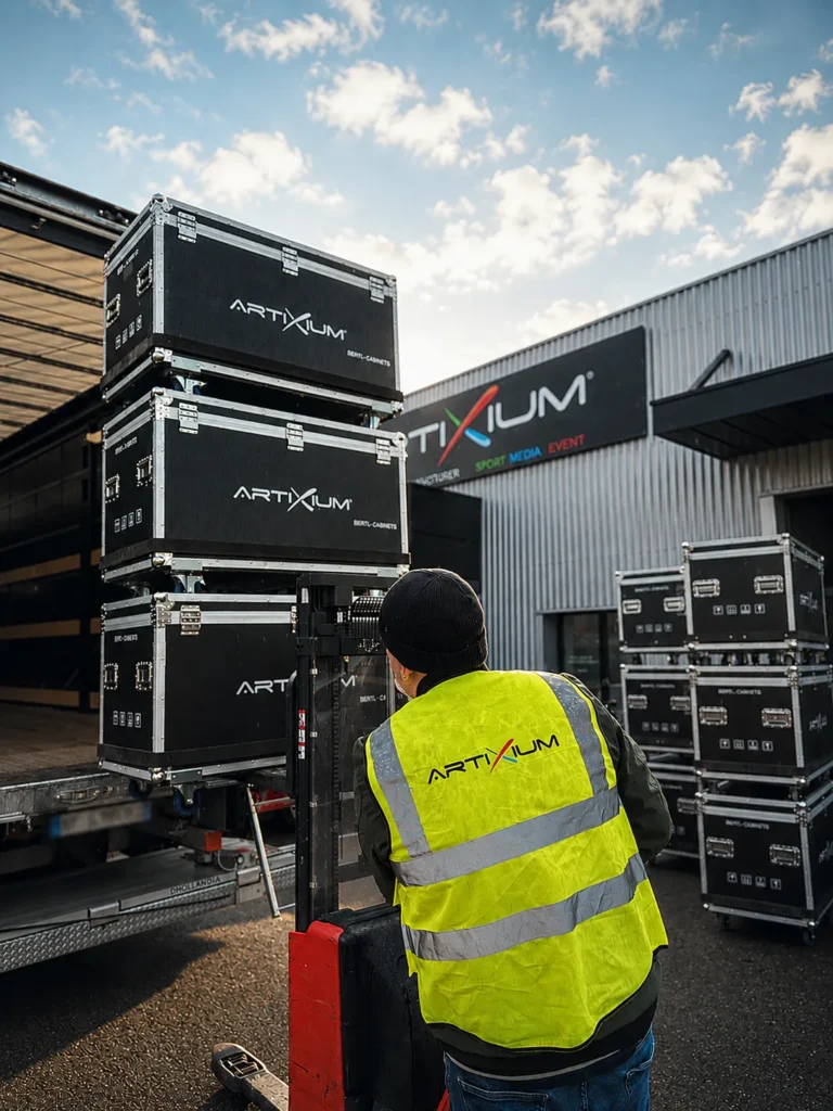 Chargement de flight cases Artixium sur un camion, à l'aide d'un transpalette