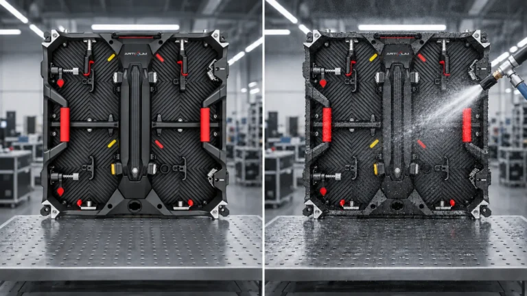 Two Ayrgon 2 cabinets, one under a water spray test for IP65 protection