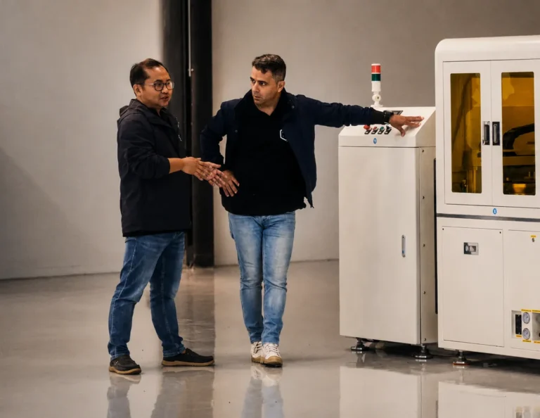 Deux collaborateurs en discussion devant une machine de production en usine