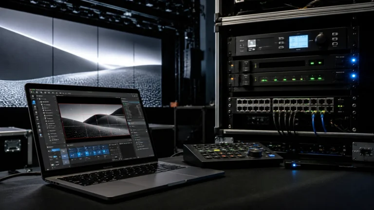 Control position: laptop and rack-mounted processors in front of an LED video wall
