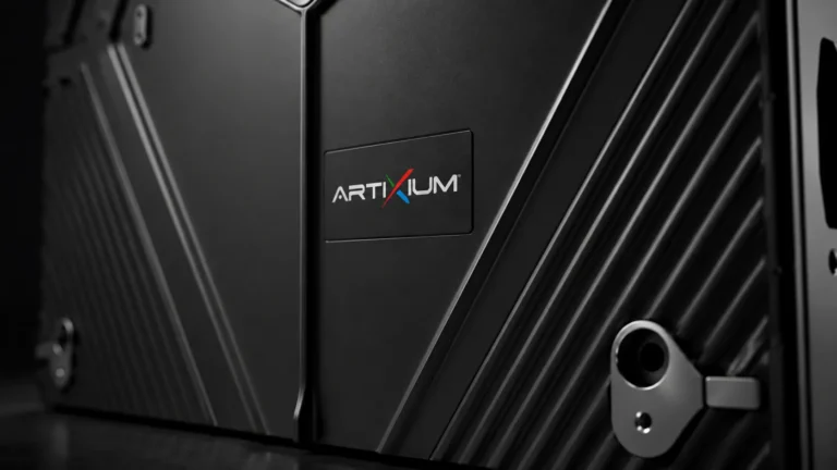 Close-up of the finish of an LED cabinet carrying the Artixium logo