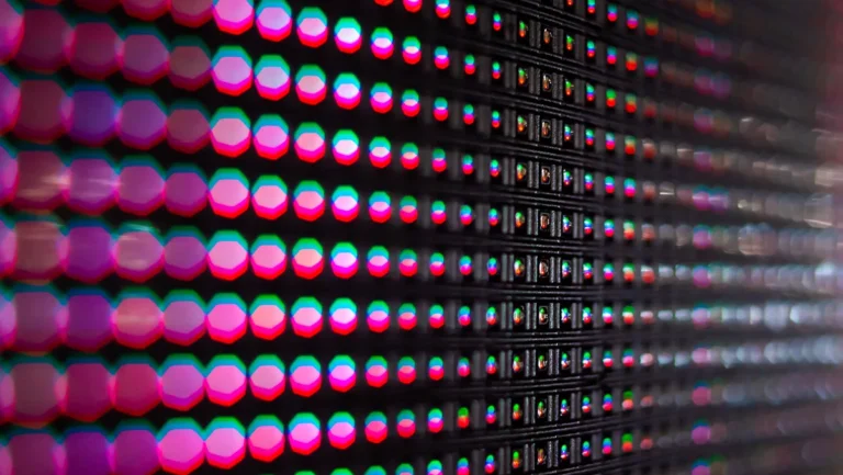 Close-up at a grazing angle of LED pixels, showing pixel structure and spacing (custom LED display)