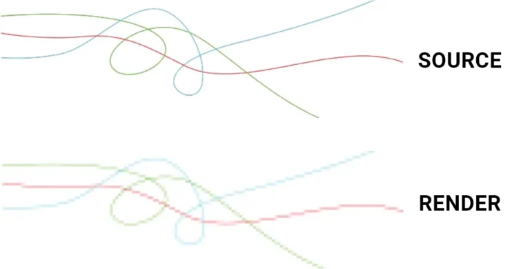 Fine coloured lines: source image and pixelated render on a large pixel pitch LED screen