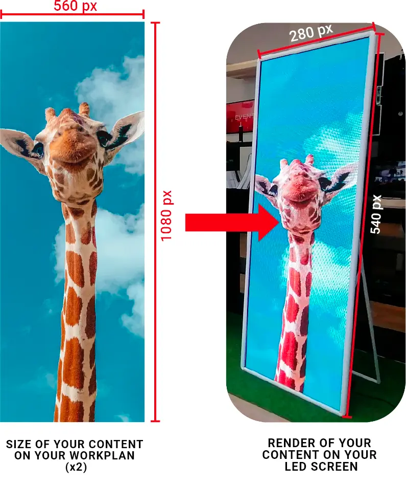 Content created at double the screen resolution, then displayed on a vertical LED screen