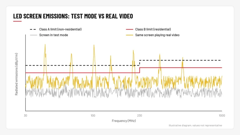 Illustrative chart of LED screen radiated emissions against the Class A and Class B limits: below the limits in test mode, above them when playing real video