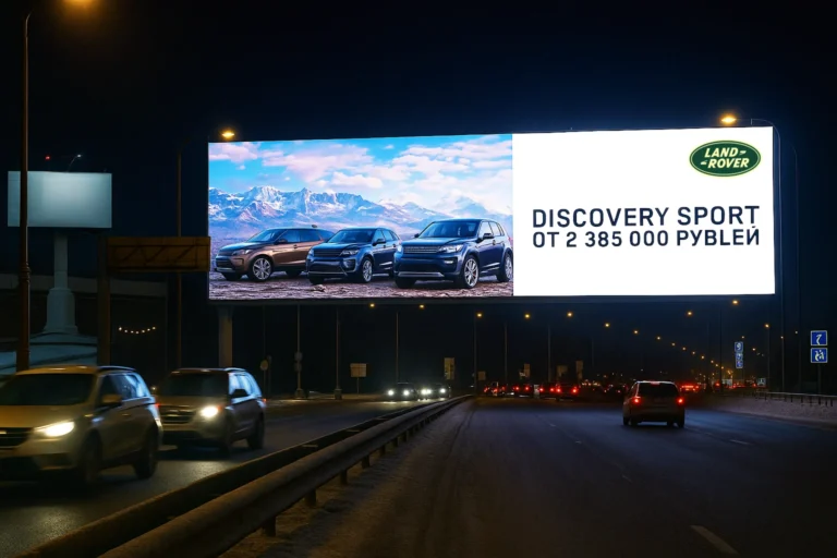 Roadside LED advertising screen running a car ad at night, traffic flowing on the highway below