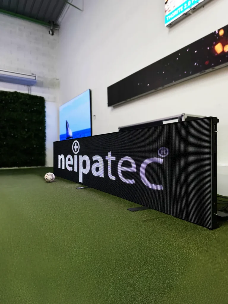 Neipatec ST perimeter LED system set up on synthetic turf in the showroom
