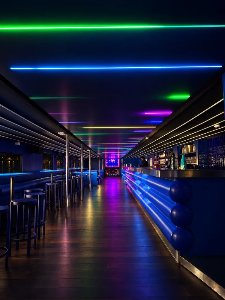 Bar aux banquettes bleues et lignes lumineuses colorées au plafond du Plouf