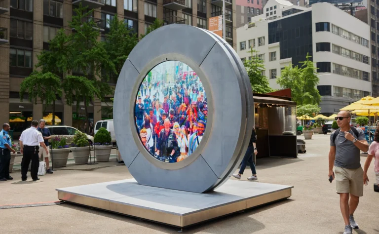 Portail LED circulaire sur son socle au cœur d’une place new-yorkaise, passants alentour
