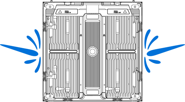 Vue arrière d’un caisson LED Silicium avec projections d’eau illustrant la protection IP65