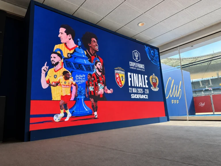 Stade de France hospitality suite LED display: Beryl P3.9 showing the 2026 Coupe de France final poster