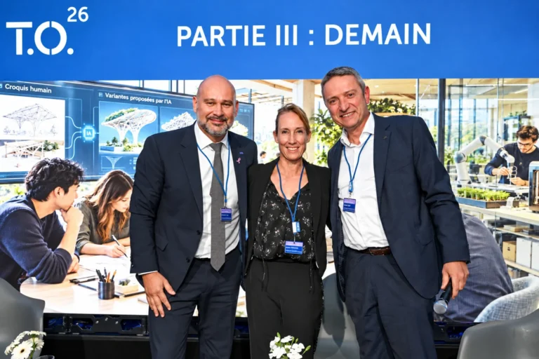 Visiteurs devant l’écran de la scène pendant la partie « Demain » du Tomorrow’s Office 2026