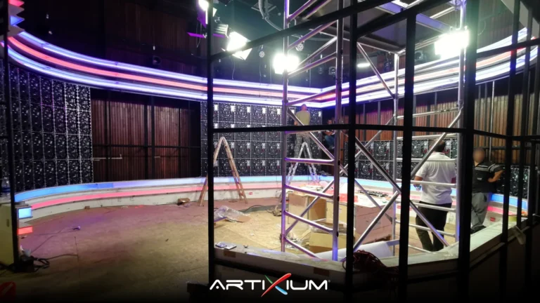 TV studio LED screen – LED cabinets being mounted into the Tekos set structure