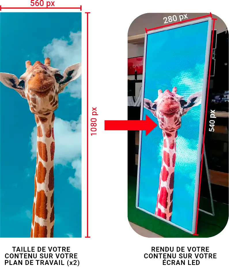 Visuel conçu au double de la résolution de l’écran, puis affiché sur un écran LED vertical